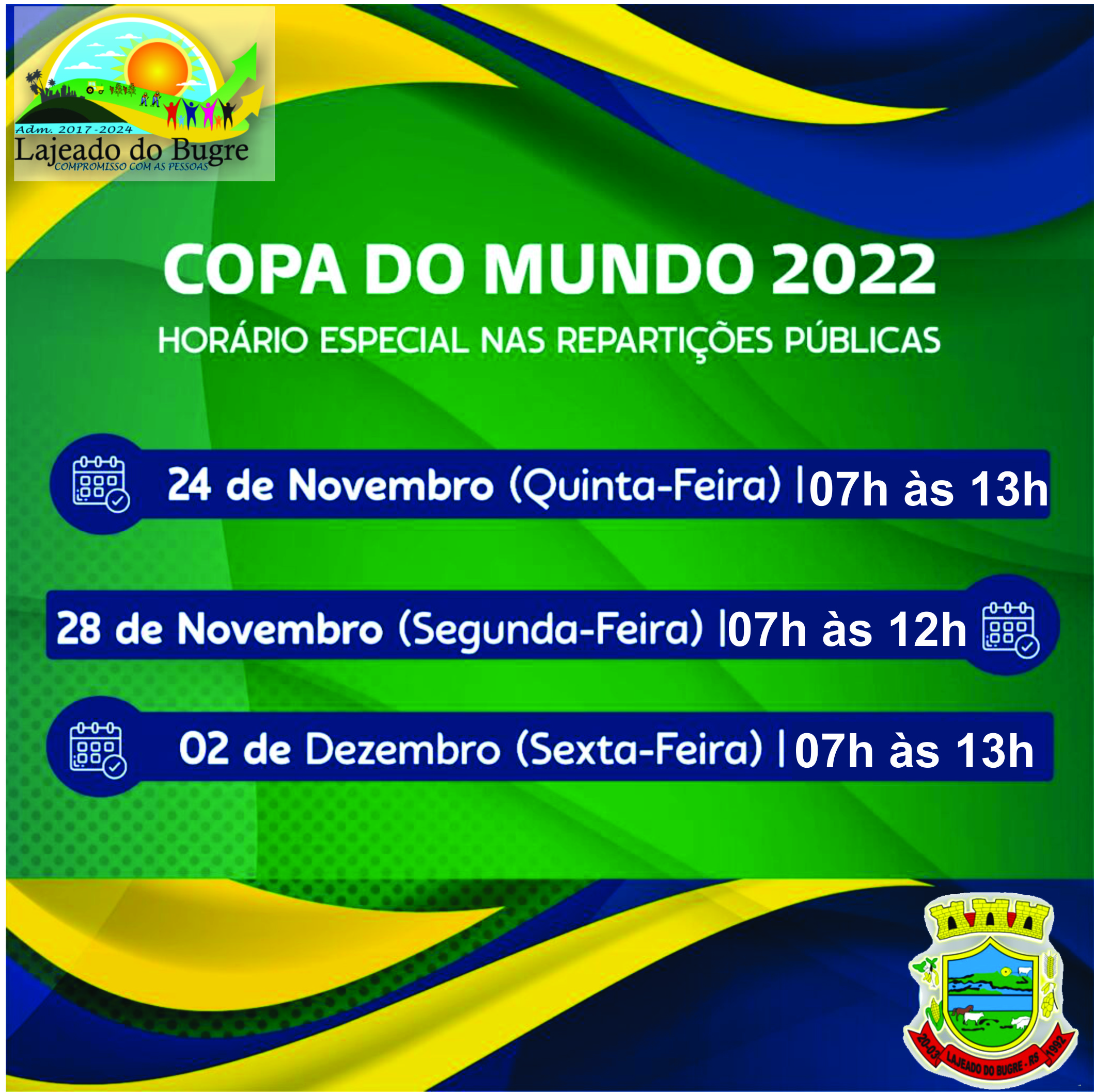 Repartições públicas terão horário especial de funcionamento em dias de  jogos da Seleção Brasileira - Prefeitura Municipal de Bonito - MS